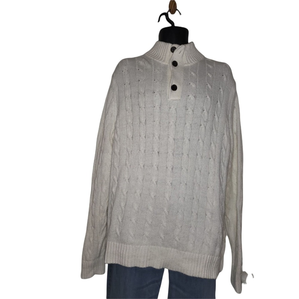Banana Republic Sweater Mens XL White Cable Knit 3 Button Mock Neck Henley Work